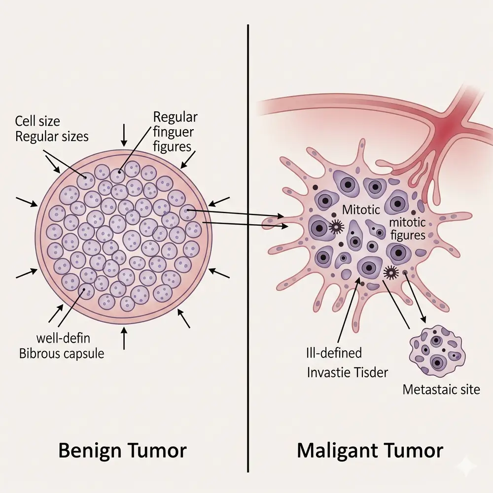 Diferencia entre tumor benigno y maligno ilustrada en un esquema-clinica de traumatologia quirurgica