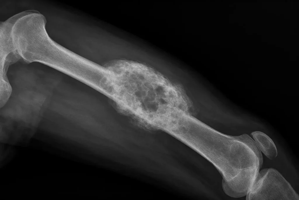 Clínica de Traumatología Quirúrgica | cancer en los huesos,cáncer de hueso,tumor óseo,diagnóstico de cáncer de hueso,prevención de cáncer en los huesos Radiografía mostrando un tumor óseo en fémur-clinica de traumatologia quirurjica